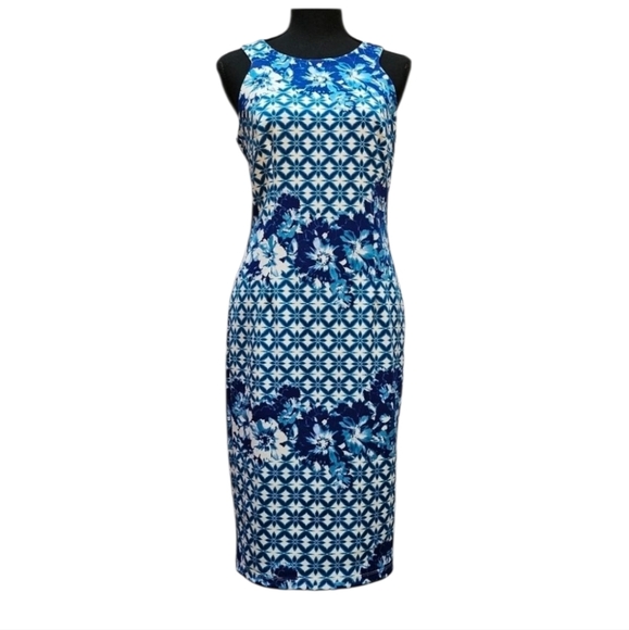 Enfocus Stuio Floral Blue Midi Sheath Dress 94% Polyester 6% Spandex Size 6 - Picture 1 of 7